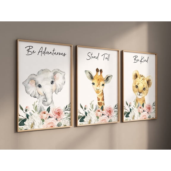 UNFFRAMED Nursery Prints Girl, Baby Room Wall Art, Safari Animals, Girl Nursery, Animals Prints, Safari Nursery Wall Art, Flower Animals #411 Set 3 Prints 8x12