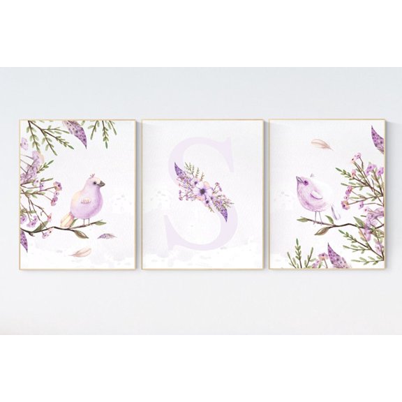 UNFFRAMED Nursery Wall Art Birds, Nursery Decor Girl Flower, Nursery Decor Girl Floral, Lavender, Purple Nursery, Lilac, Bird Nursery Art, Spring #20 Set 3 Prints 12x18