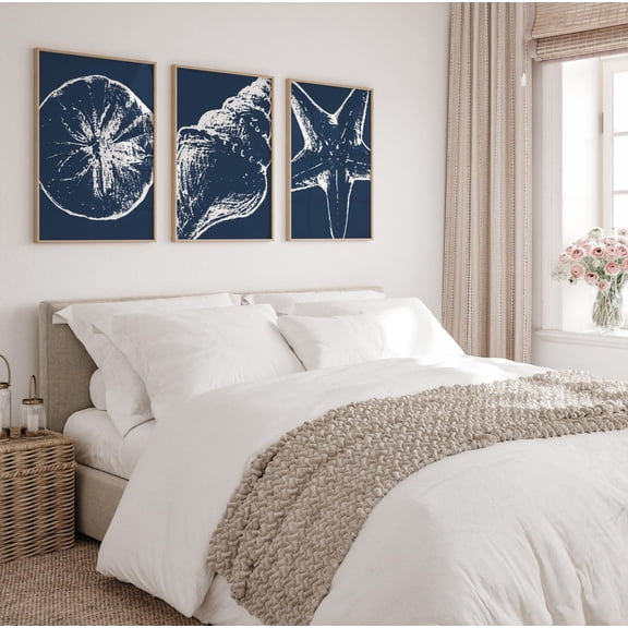 UNFFRAMED Ocean Wall Art, Sea Shell Prints, Prints, Coastal Art, Navy Blue Art, Ocean Theme Art, Starfish Art, Coastal Decor, Printable Art Set 3 Prints 8x12