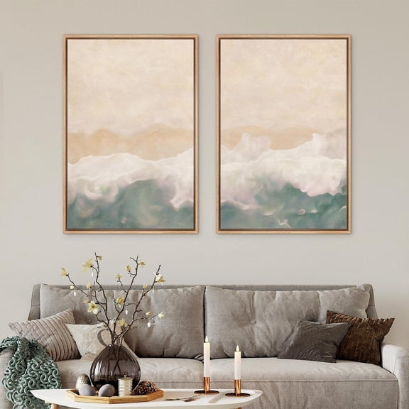UNFFRAMED Ocean Wave Wall Art Set Of 2, Abstract Seascape Prints, Soft Teal & Beige Decor For Modern Coastal Living Room Or Bedroom Set 2 Prints 16x24