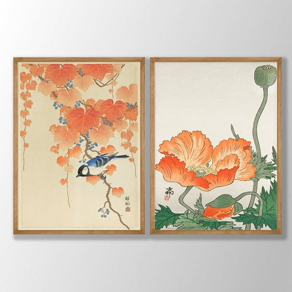 UNFFRAMED Ohara Koson Japanese Bird and Flower Art Prints, Set 2 Prints 12x18