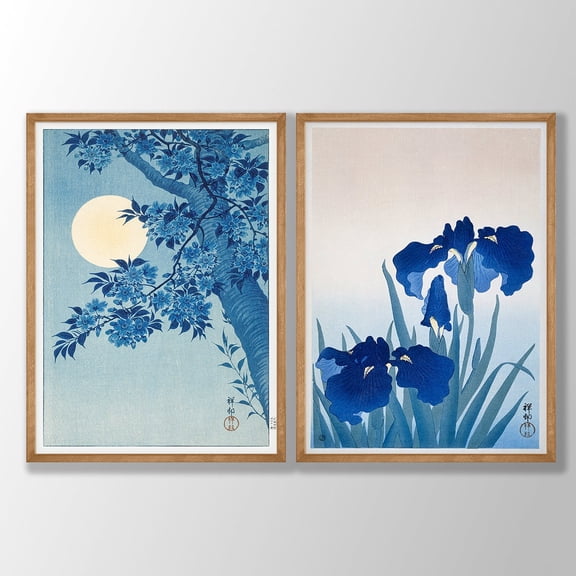 UNFFRAMED Ohara Koson Japanese Floral Art Prints, Cherry Blossom & Iris, Set 2 Prints 8x12