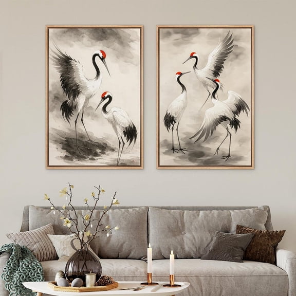 UNFFRAMED Oriental Red-Crowned Crane Wall Art Set Of 2, Japanese Ink Style Bird Prints, Elegant Minimalist Asian Decor For Living Room Set 2 Prints 8x12