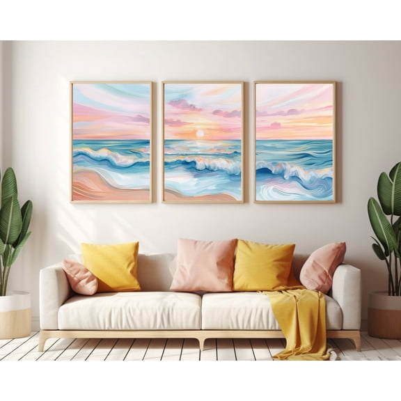 UNFFRAMED Pastel Beach Sunset Poster, Set Of 3, Coastal Seascape Wall Art, Ocean Home Decor, Calm Waves Poster, Housewarming Artwork, Sunset Set 3 Prints 8x12