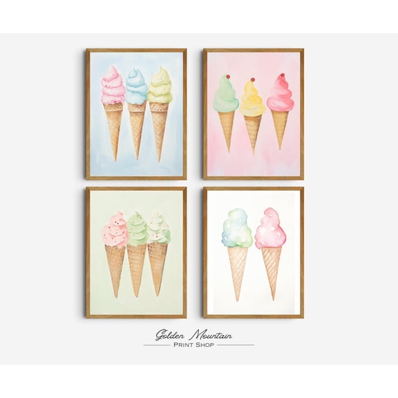 UNFFRAMED Pastel Summer Ice Cream Setummer Wall Decor Kitchen Poster, Nursery Bedroom Playroom Posterummer Wall Art Set 4 Prints 20x30