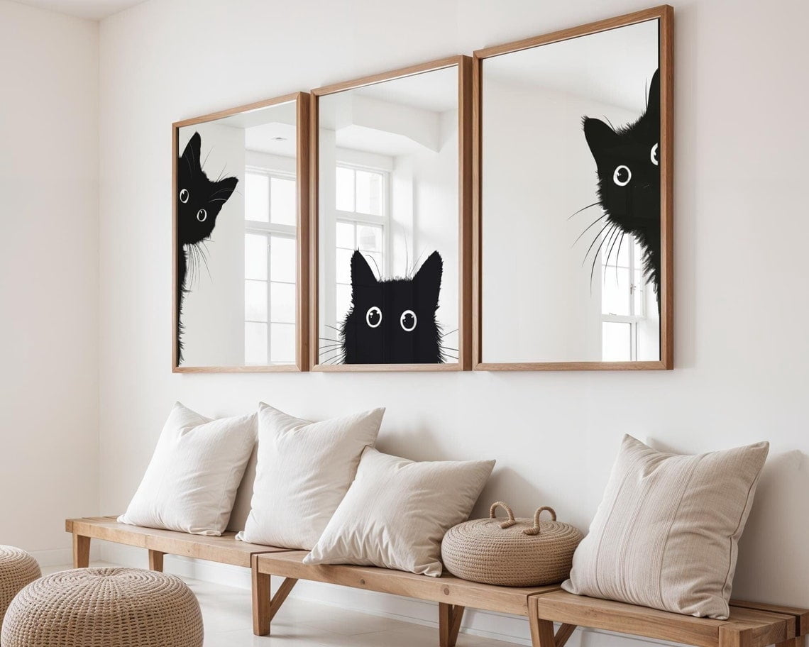 UNFFRAMED Peeking Black Cat Print Wall Art Poster, Black and White Cat ...