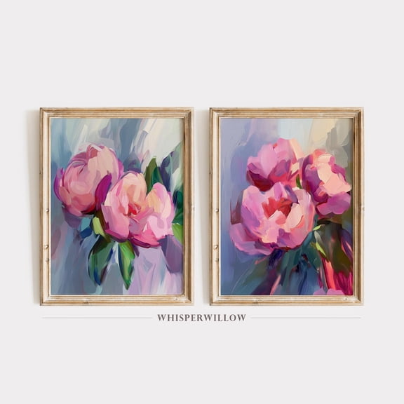 UNFFRAMED Peony Floral Abstract Set Of Two, Elegant Botanical Decor, Impressionist Floral Wall Art, Vibrant Pinks Set 2 Prints 8x12