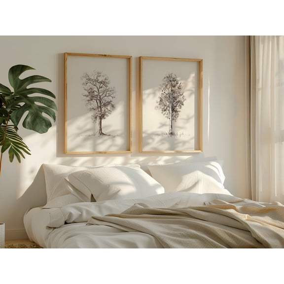 UNFFRAMED Pine And Oak Trees Sketch Wall Art, Vintage-Style Charcoal Pencil Drawing Print, For Tree And Nature Lover Set 2 Prints 8x12