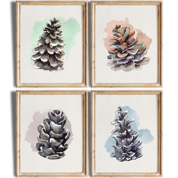 UNFFRAMED Pine Cone Art Posters Set Linen Texture, Cabin Decor Set 4 Prints 16x24