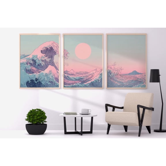 UNFFRAMED Pink Blue Wave Triptych, Japandi Coastal Poster Set Set 3 Prints 16x24