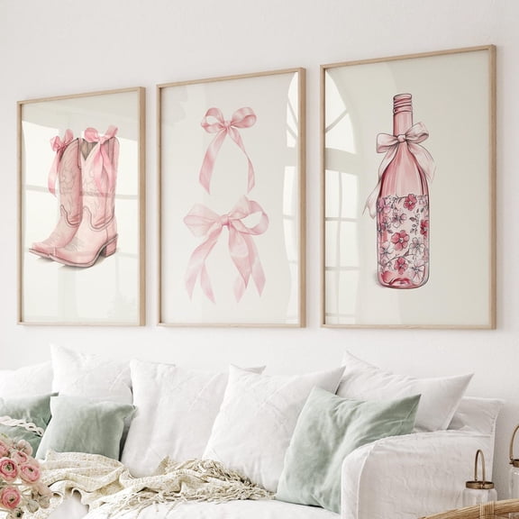 UNFFRAMED Pink Bows Print Set, Coquette Cowgirl Room Decor Set 3 Prints 8x12
