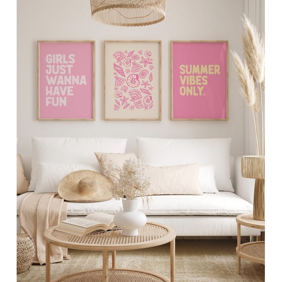 UNFFRAMED Pink Coastal Wall Art Set Of 3 Beachy Summer Room Decor Boho Poster For Home Trendy Wall Art Seashell Posters For Girly Apartment Set 3 Prints 8x12