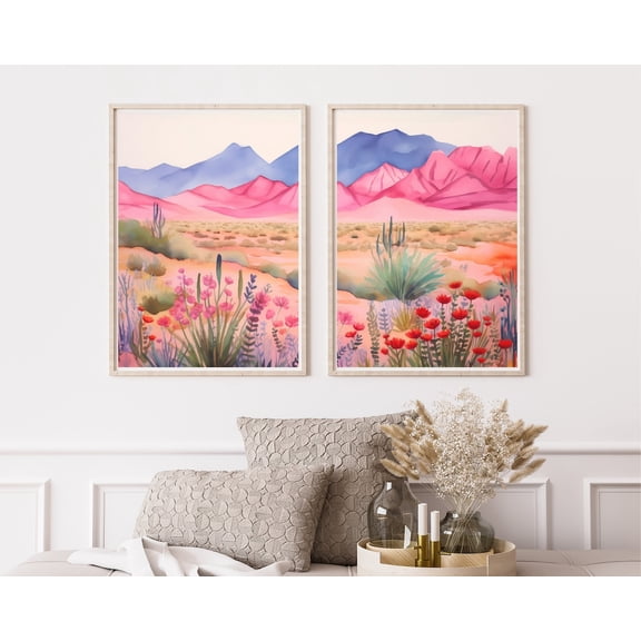 UNFFRAMED Pink Desert Poster, Set Of 2, Floral Mountain Wall Art, Southwest Landscape Decor, Nature Travel Poster, Mexican Desert Artwork Set 2 Prints 12x18