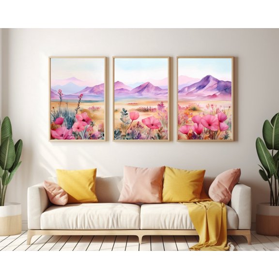 UNFFRAMED Pink Desert Poster, Set Of 3, Floral Mountain Wall Art, Southwest Landscape Decor, Mexican Desert Poster, Us Nature Artwork Set 3 Prints 20x30