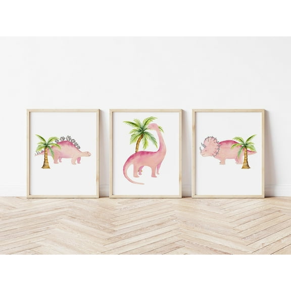 UNFFRAMED Pink Dinosaur Set Posters, Dinosaur Wall Art, Dinosaur Nursery/Bedroom Wall Decor, Stegosaurus, Diplodocus, Triceratops Set 3 Prints 8x12