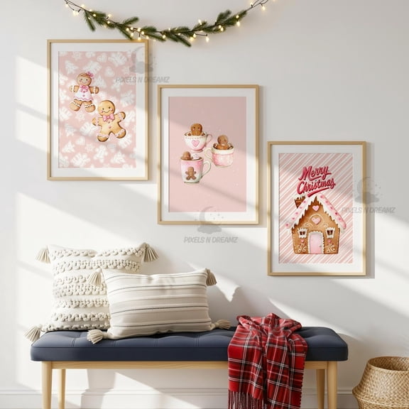 UNFFRAMED Pink Gingerbread Wall Art Set, Coquettekitchen Prints, Pastel Cocoa & Cookie Set 3 Prints 20x30