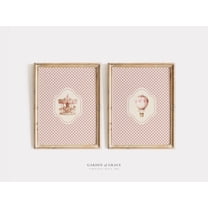 UNFFRAMED Pink Hot Air Balloon and Parisian Carousel Wall Art Print Nursery Set, Whimsical Vintage Carnival Girl Room Decor, Antique Playroom Prints Set 2 Prints 8x12