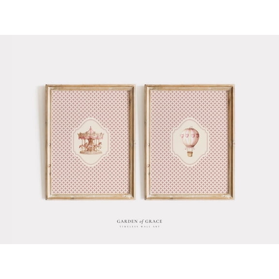 UNFFRAMED Pink Hot Air Balloon and Parisian Carousel Wall Art Print Nursery Set, Whimsical Vintage Carnival Girl Room Decor, Antique Playroom Prints Set 2 Prints 8x12