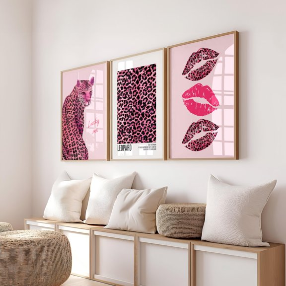 UNFFRAMED Pink Leopard Kiss Kiss Poster Lucky Me Trendy Wall Gallery Set Leopard Wall Art Cheetah Poster Preppy Cheetah Poster Poster Set 3 Prints 8x12