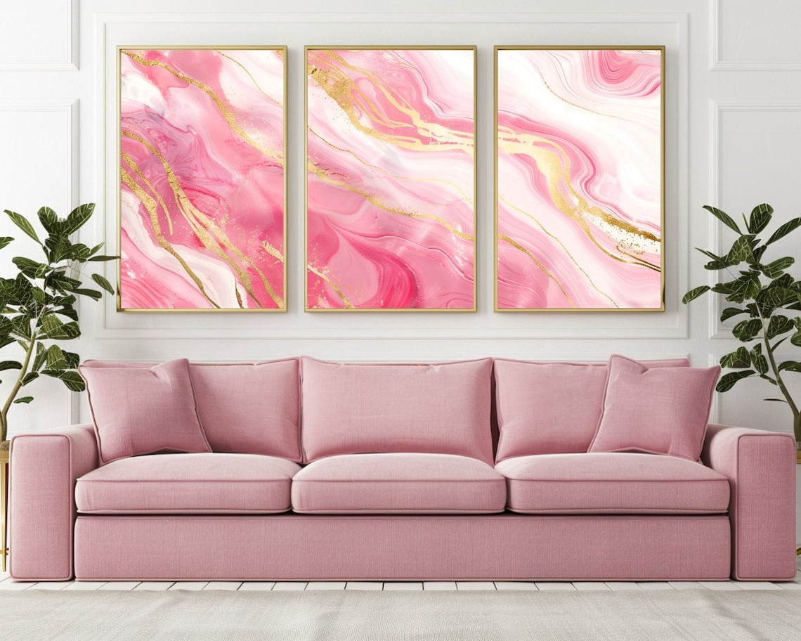UNFFRAMED Pink Wall Art Abstract Marble Minimalist Luxury With Gold Ing ...