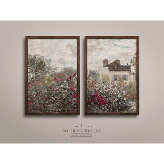 UNFFRAMED Pink Wall Art, Roses Garden with Cottage,, Vintage Printables Cottage, Pink Prints Set 2 Prints 8x12