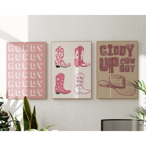 UNFFRAMED Pink Western Prints Cowgirl Decoret Trendy Western Art Retro Cowgirl Prints Giddy Up Poster Cute Printset Of 3 Wall Art, Modern Decor Set 3 Prints 20x30