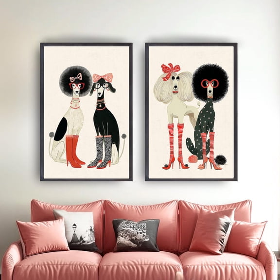 UNFFRAMED Playful Poodle Wall Art Set, Retro Chic Dog Posters For Stylish Home Decor Set 2 Prints 16x24