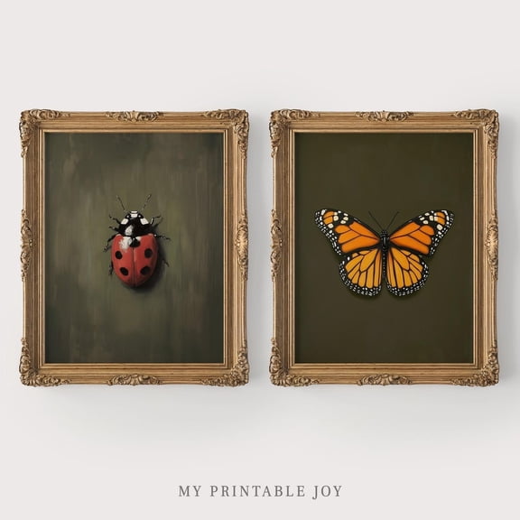 UNFFRAMED Printable Ladybug and Butterfly Wall Art Set, Insect Art Prints, Rustic Cottagecore Decor, Vintage Style Nature Prints, B6 Set 2 Prints 8x12