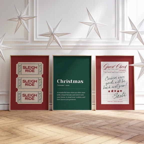 UNFFRAMED Prints Set, Santa Guest Check, Sleigh Ride Ticket, Definition Set 3 Prints 16x24