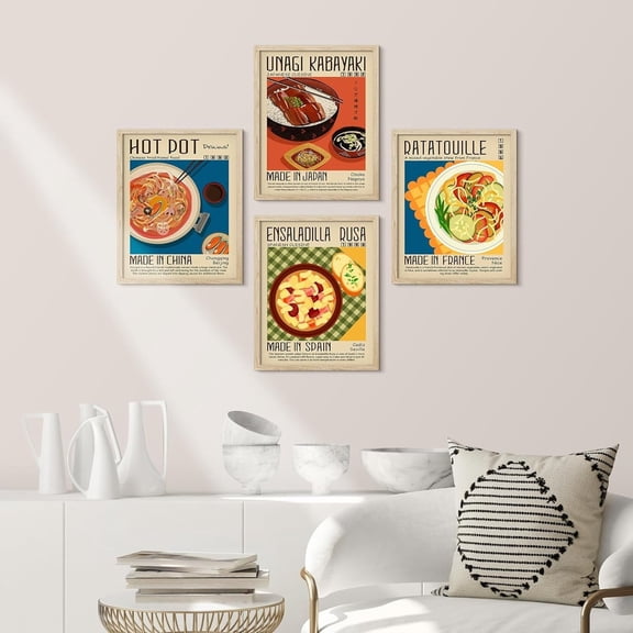 UNFFRAMED Prints Wall Art Set Of 4 World Cuisine Delicious Foods Prints Mid Century Modern Wall Art Retro Kitchen Wall Decor Set 4 Prints 8x12