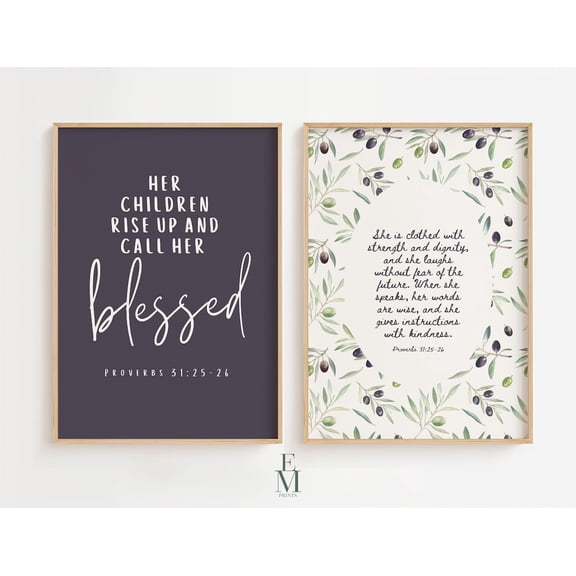 UNFFRAMED Proverbs 31 Wall Art Set, For Mom, Christian Scripture Posters, She Is Clothed With Strength, Blessed Bible Verse Set 2 Prints 8x12