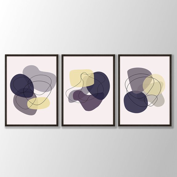 UNFFRAMED Purple Mid Century Abstract Prints, Geometric Boho Wall Art, Set 3 Prints 12x18
