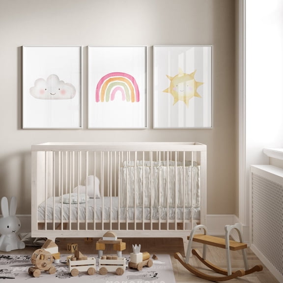UNFFRAMED Rainbow Poster Set, Girls Wall Art, Nursery Art, Nursery Wall Art, Cloud Rainbow Sun, Rainbow Wall Art, Baby Decor Set Of 3 Set 3 Prints 8x12
