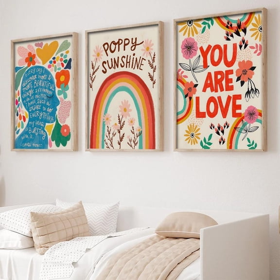 UNFFRAMED Rainbow Wall Art Set Modern Boho Nursery Decor, Positive Quote Posters Set 3 Prints 12x18