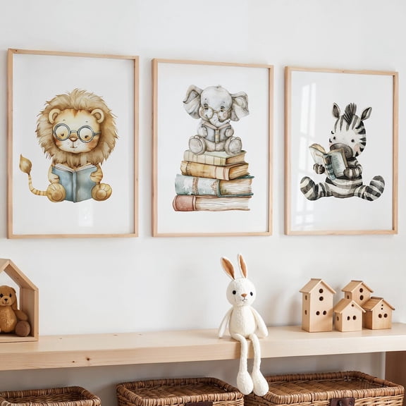 UNFFRAMED Reading Animals Wall Art Set Of 3, Safari Nursery Posters, Elephant Zebra Lion Reading Posters, Reading Corner Decor, Playroom Wall Art Set 3 Prints 8x12