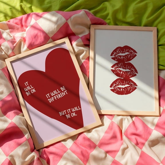 UNFFRAMED Red Heart Lips Wall Art Set Of 2, Self Love Posters, It Will Be Ok Quote Print, Minimalist Romantic Home Decor Set 2 Prints 8x12