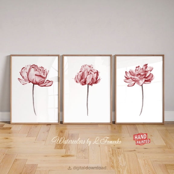 UNFFRAMED Red Room Decor Aesthetic Boho Flowers Print Burgundy Wall Art Maroon Set 3 Prints 16x24