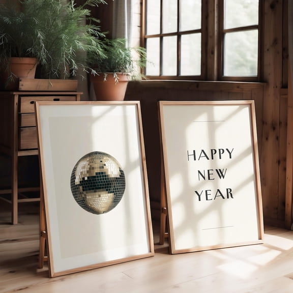 UNFFRAMED Retro Disco Ball Poster Set, New Year'S Eve Bar Cart Decor Set 2 Prints 16x24