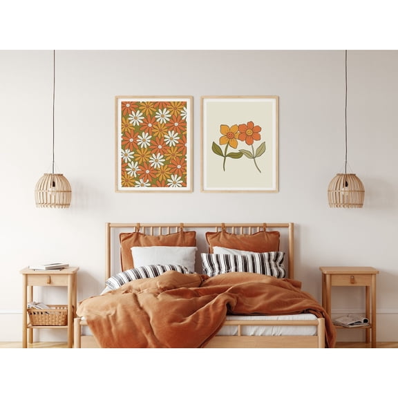 UNFFRAMED Retro Flower Posters, 60s Groovy Daisy Art Set 2 Prints 20x30