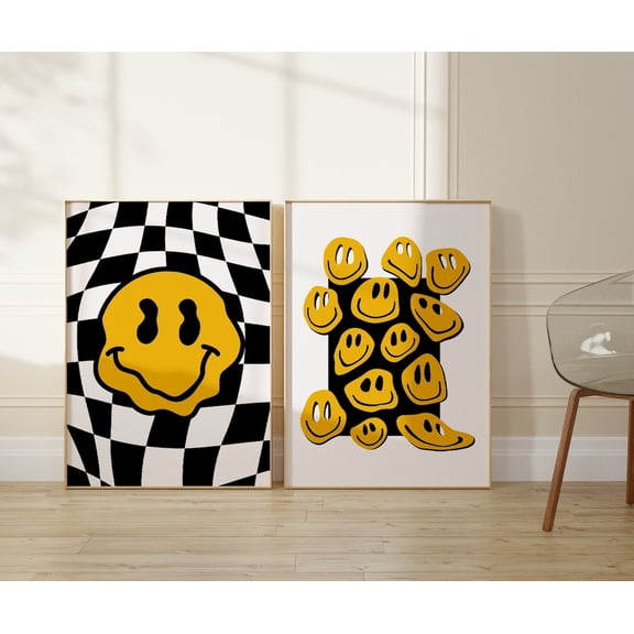 UNFFRAMED Retro Smiley Face Poster, Y2K Trendy Wall Art Set 2 Prints 16x24
