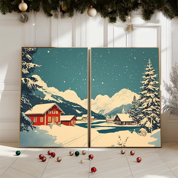 UNFFRAMED Retro Winter Village Art Print Set, Snowy Swiss Alps Set 2 Prints 12x18