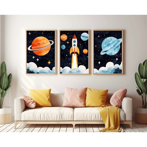 UNFFRAMED Rocketship Nursery Poster, Set Of 3, Wall Art, Space Room Decor, Outer Space Poster, Playroom Artwork, Cosmic Theme Set 3 Prints 20x30