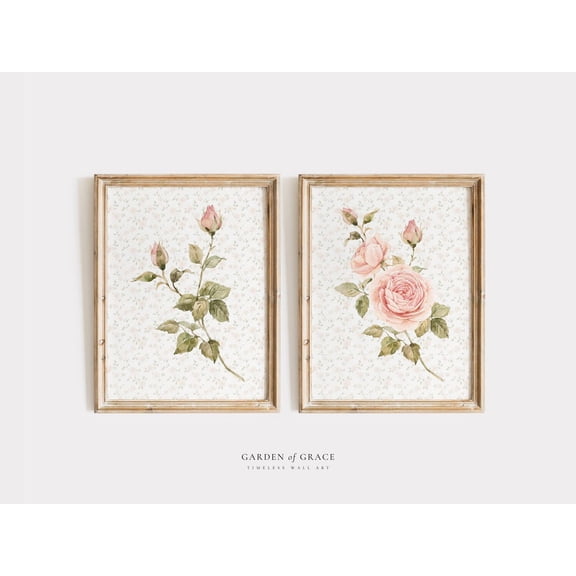 UNFFRAMED Romantic Rose Garden Nursery Wall Art Print, Soft Pink and Green Cottagecore Girl's Room Decor, Floral Vintage Baby Girl Prints Set 2 Prints 12x18