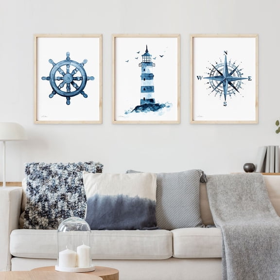 UNFFRAMED Rudder, Lighthouse, Compass Set Posters, Coastal Wall Art, Nautical Nursery Decor, Beach House, Navy Blue, Set 3 Prints 20x30