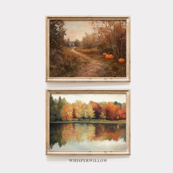 UNFFRAMED Rustic Autumn Pathway And Serene Lake Reflection Set Of Two 2, Easonal, Fall Artwork Wall Decor Set 2 Prints 8x12