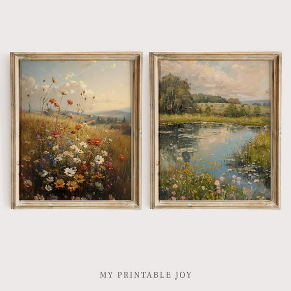 UNFFRAMED Rustic Landscape Printable Wall Art, Country Field and River Scene, Vintage Cottagecore Decor, Farmhouse Style B7 Set 2 Prints 12x18