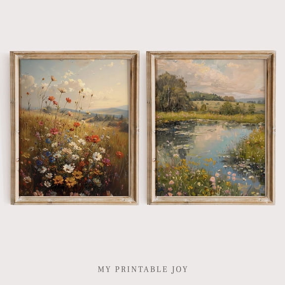 UNFFRAMED Rustic Landscape Printable Wall Art, Country Field and River Scene, Vintage Cottagecore Decor, Farmhouse Style B7 Set 2 Prints 8x12