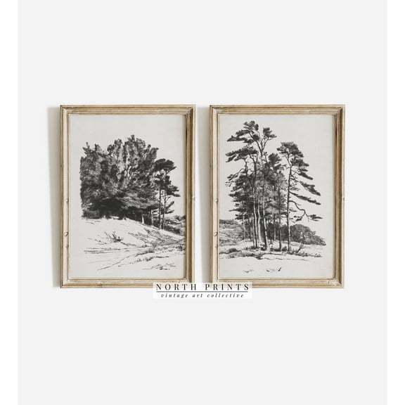 UNFFRAMED Rustic Tree Sketch Poster Set: Neutral Landscape Art S2-83 Set 2 Prints 12x18