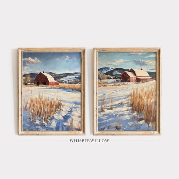 UNFFRAMED Rustic Winter Barn Set Of Two, Country Red Farmhouse Landscape Artnowcovered Fields Wall Decor Set 2 Prints 16x24