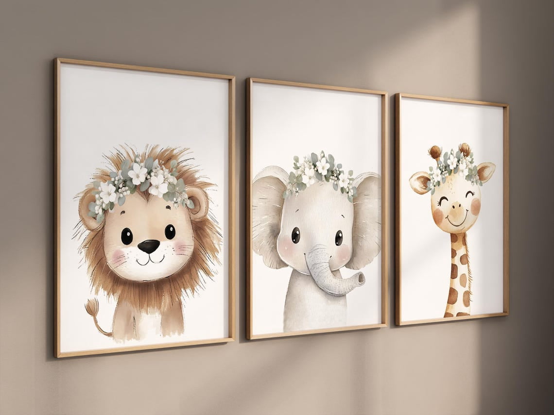 UNFFRAMED Safari Nursery Wall Art Set, Baby Animal Prints With White ...